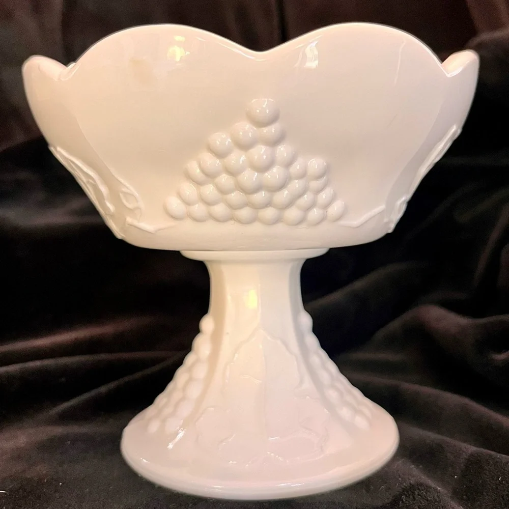 Indiana Glass Colony Harvest White Milk Glass Pedestal Candle Holder Grape VTG